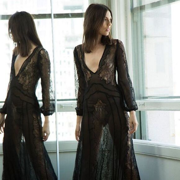 NWT Stone Cold Fox XS/S Black Vermont Lace WhimsiGoth Witch Boho Long Dress Gown - Picture 2 of 9